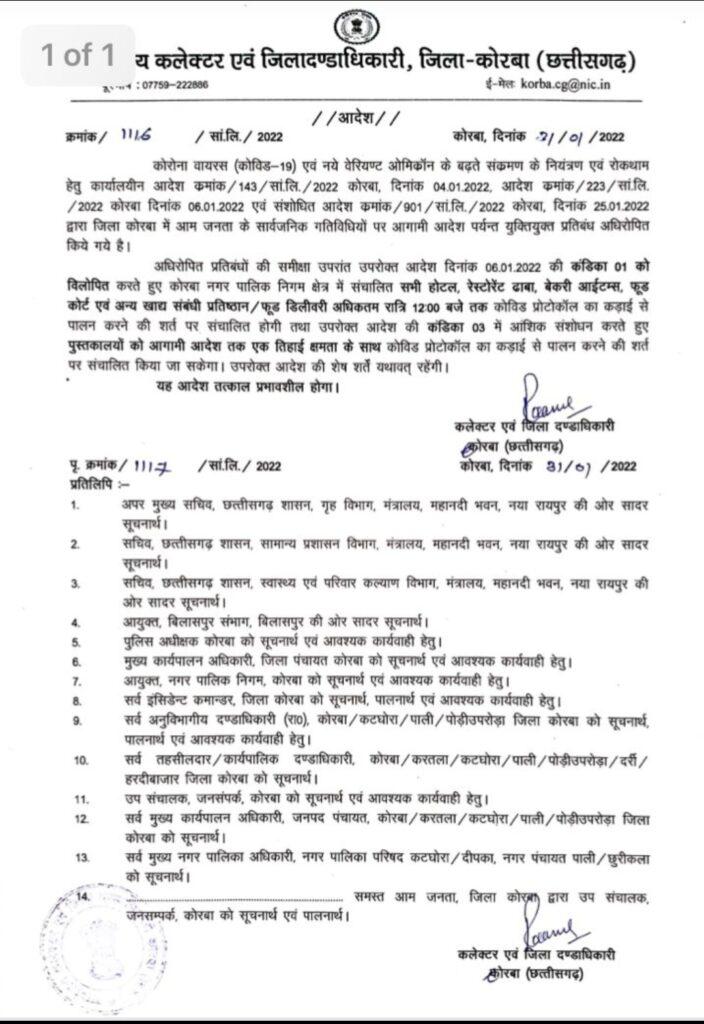 बड़ी खबर : अब रात 12 बजे तक खुलेंगे होटल-रेस्टोरेंट, कलेक्टर ने जारी किया संशोधित आदेश