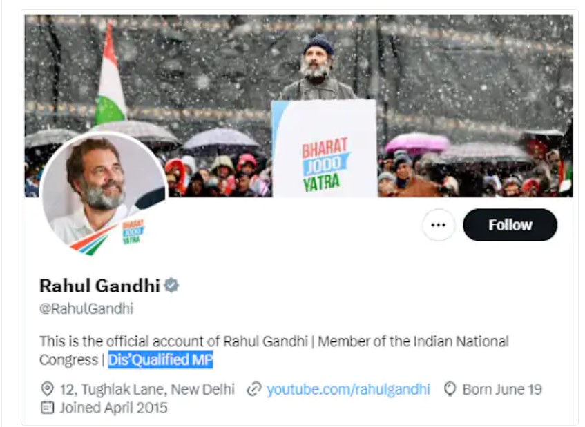 Rahul changed his bio on Twitter, wrote himself a disqualified MP, protesting in front of Gandhi statues across the country today
