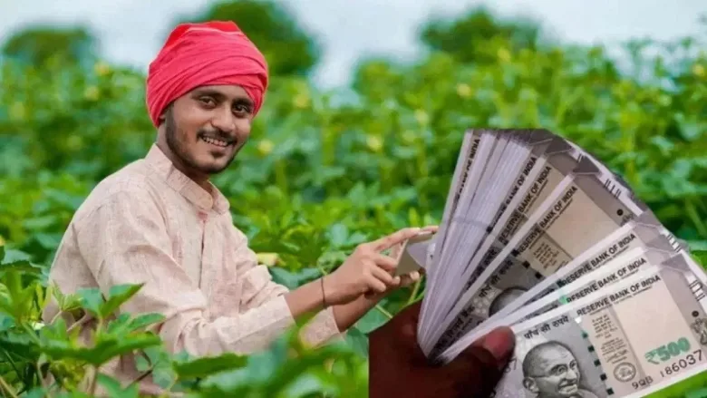 Indian farmer checking PM Kisan 22nd installment status on mobile.