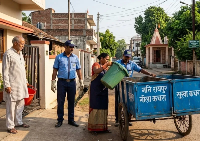 रायपुर में कचरा संग्रहण और नए नियमों का पालन कराते नगर निगम कर्मचारी। AI Image