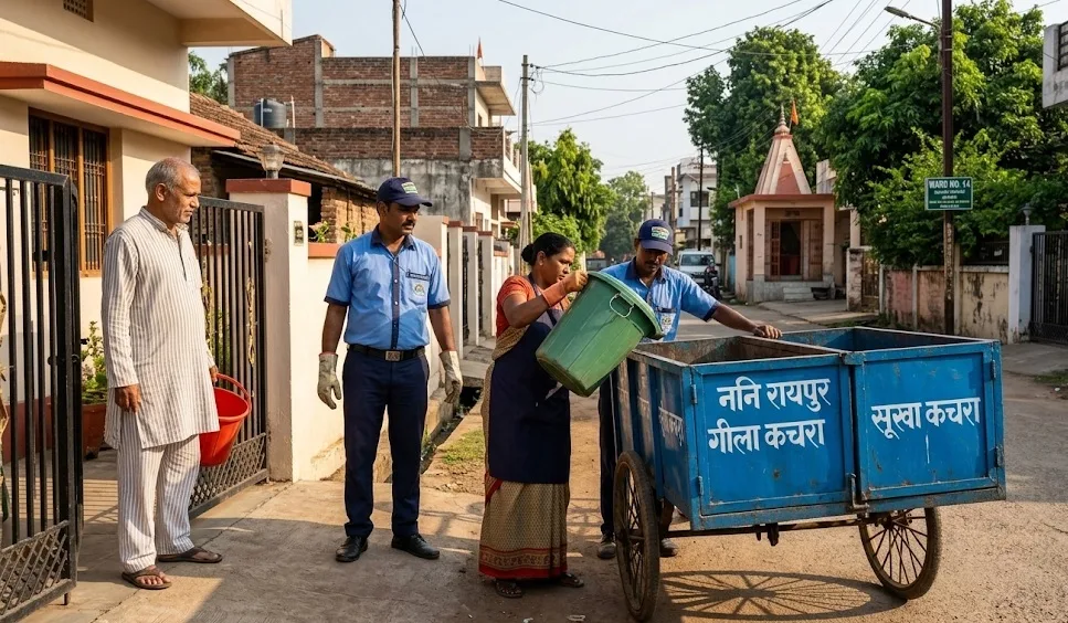 रायपुर में कचरा संग्रहण और नए नियमों का पालन कराते नगर निगम कर्मचारी। AI Image