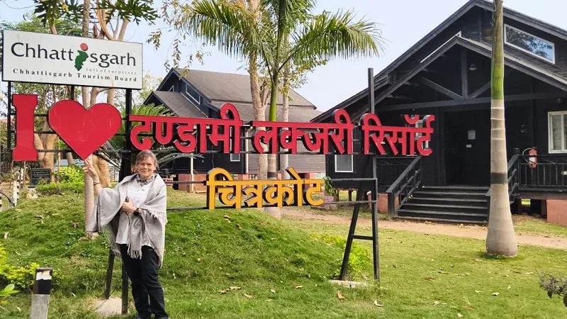 : Foreign tourists visiting Chitrakoot Falls in Chhattisgarh.
