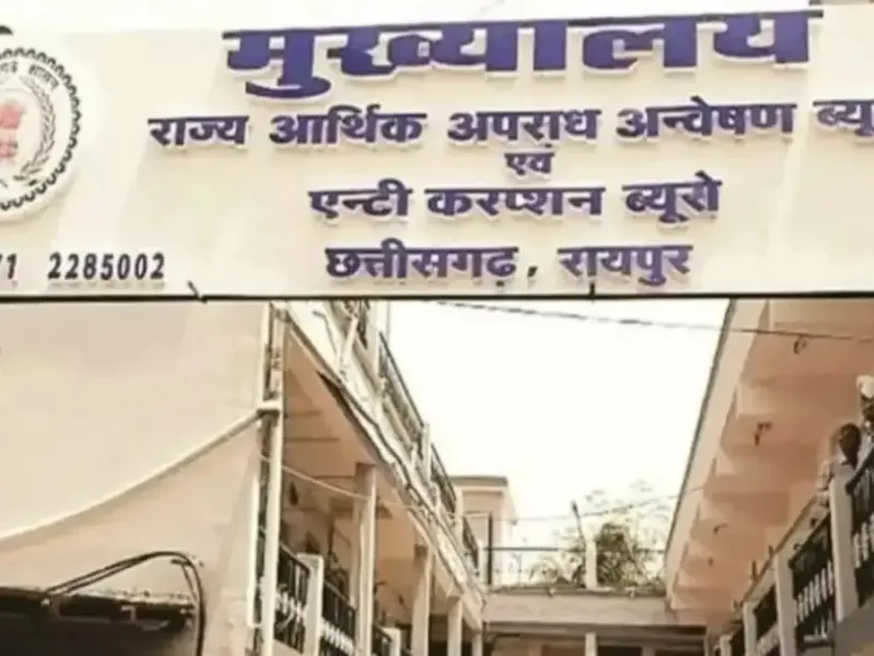 Anti Corruption Bureau team outside Raipur RTO office, handcuffs, police action, cinematic dramatic news style --alt "ACB action in Raipur RTO office Chhattisgarh"
