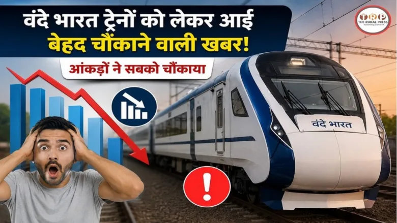 Semi high speed blue and white Vande Bharat Express train running on tracks