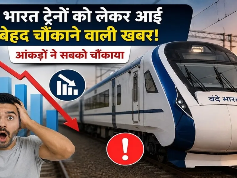 Semi high speed blue and white Vande Bharat Express train running on tracks