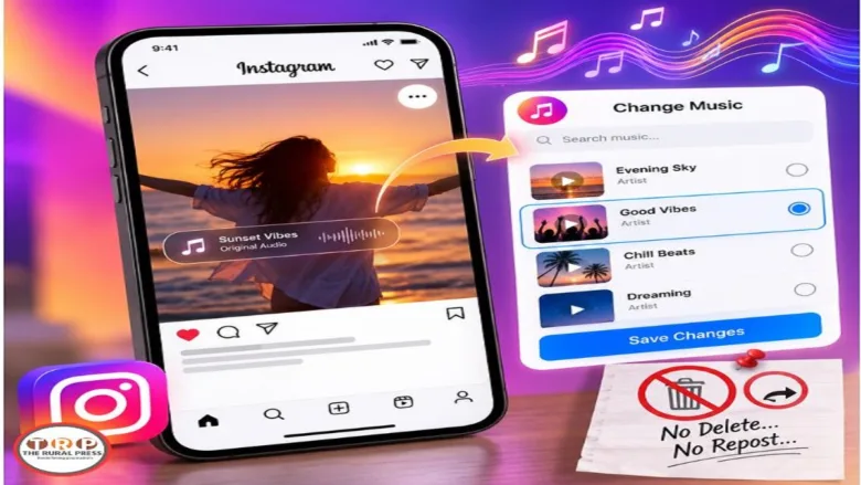 Person holding smartphone showing Instagram application with replace audio feature on screen.
