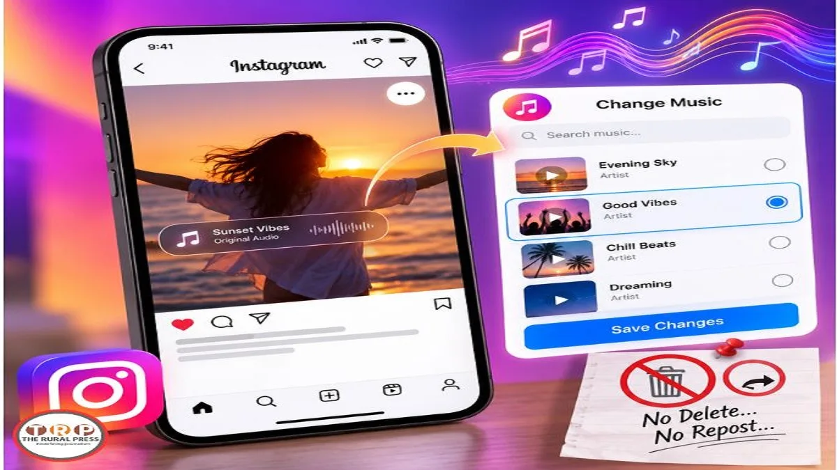 Person holding smartphone showing Instagram application with replace audio feature on screen.