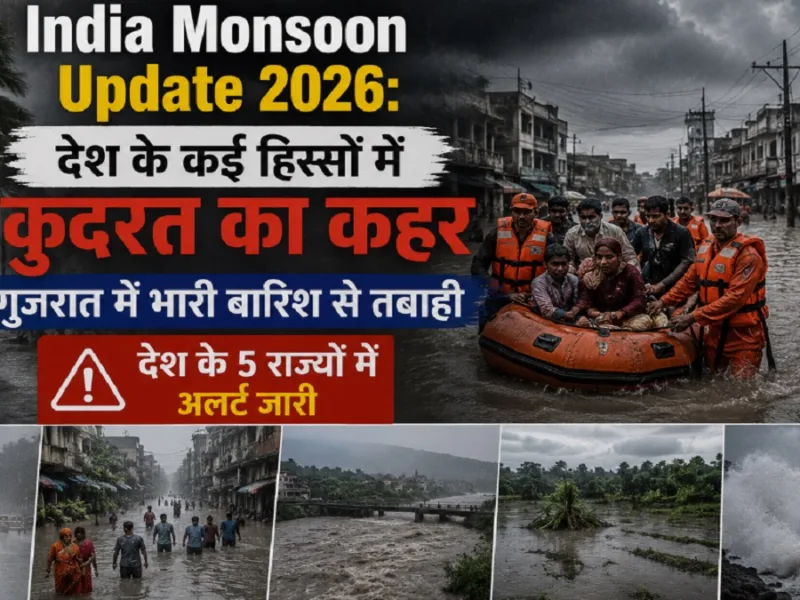 Flooded street in Gujarat town with rescue boats during monsoon rain disaster.