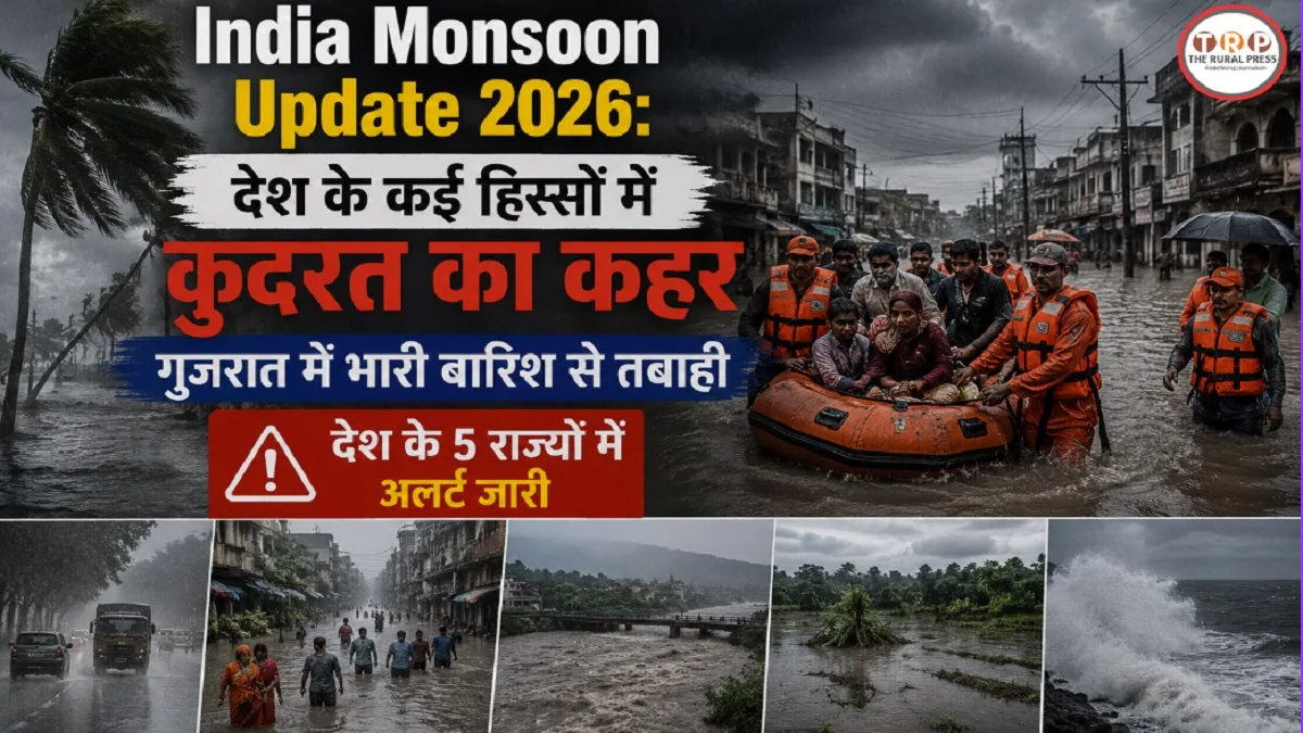 Flooded street in Gujarat town with rescue boats during monsoon rain disaster.
