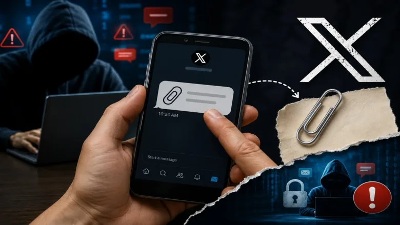 Young person holding a smartphone looking confused at a text message on a wooden desk.