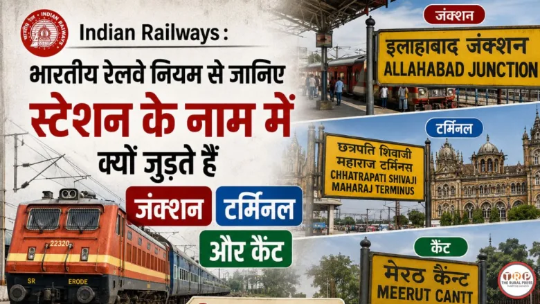 Yellow Indian Railways signboard showing station name with railway track in background.
