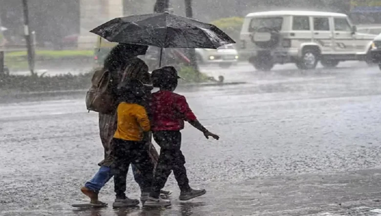 Dark monsoon clouds hovering over Raipur city buildings