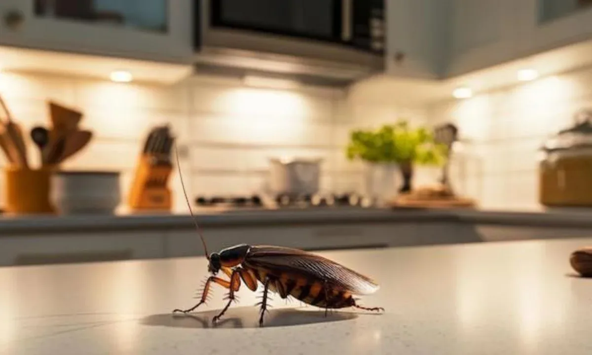 Cockroaches hiding in dark kitchen areas at night