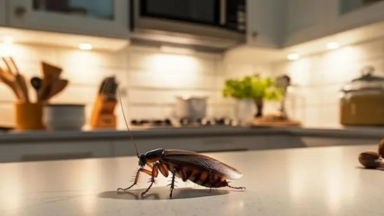 Cockroaches hiding in dark kitchen areas at night