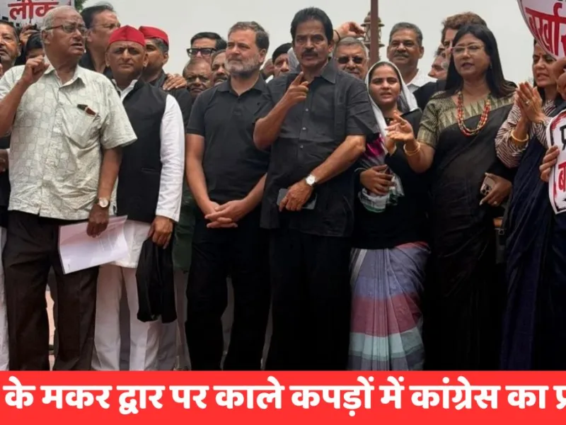 संसद के मकर द्वार पर नीट पेपर लीक के विरोध में काले कपड़े पहनकर प्रदर्शन करते विपक्षी सांसद