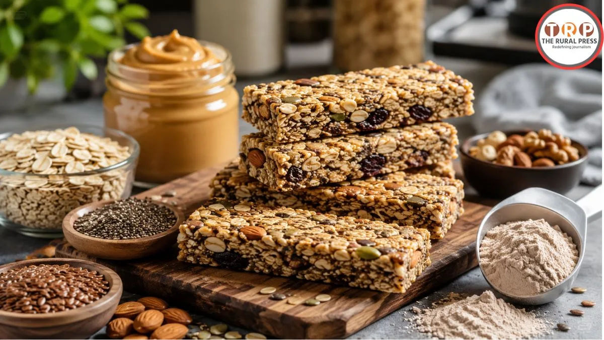 घर पर बिना चीनी और गुड़ के बनाए गए हेल्दी ओट्स और पीनट बटर प्रोटीन बार की थाली।