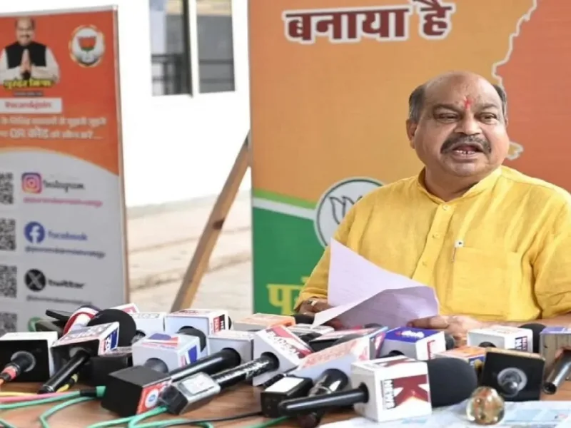 Raipur North MLA Purander Mishra after a social media defamation case in Telibandha.