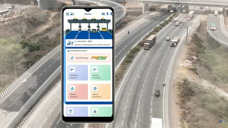 Rajmarg Yatra mobile app showing digital local toll pass and highway services