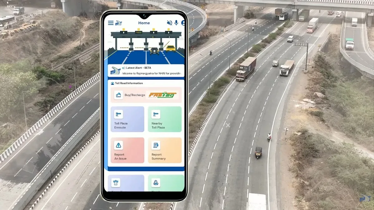 Rajmarg Yatra mobile app showing digital local toll pass and highway services