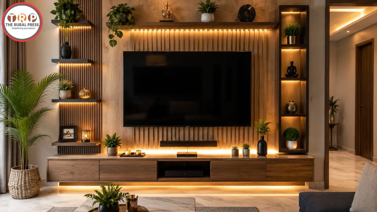 Modern living room interior design with stylish TV wall decor, floating shelves, and warm LED lighting.