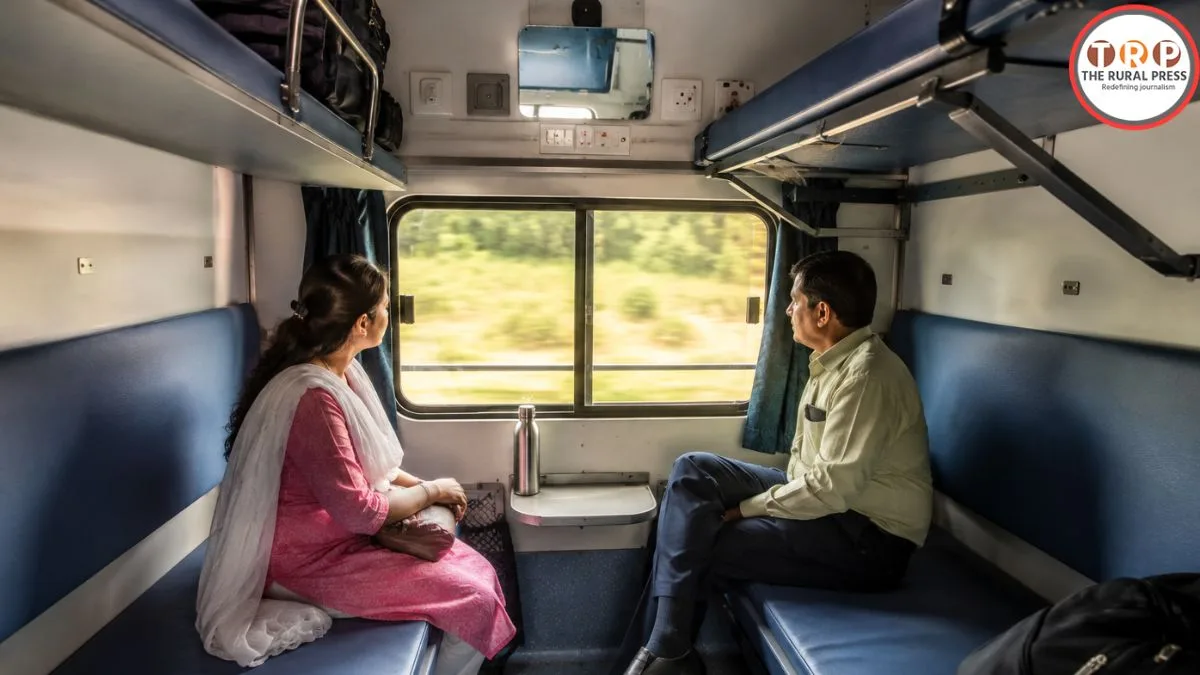 Indian railways passenger sitting comfortably in a train compartment near the window during daytime