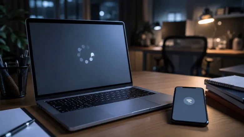 A smartphone displaying an error message on the Facebook login screen next to a laptop.