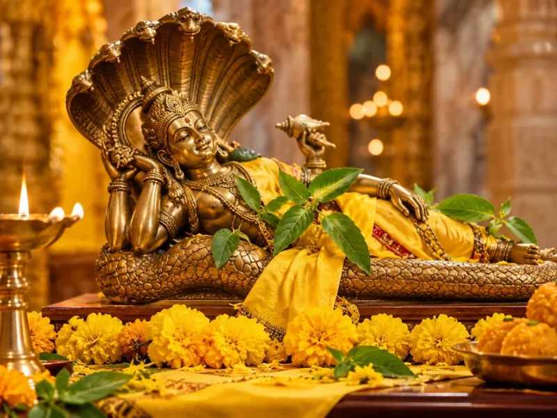 Golden idol of Lord Vishnu with yellow flowers and tulsi leaves placed on an altar during Devshayani Ekadash