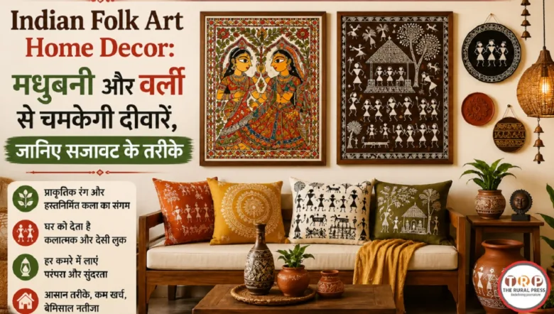 Modern living room wall decorated with traditional Indian Madhubani and Warli art paintings.