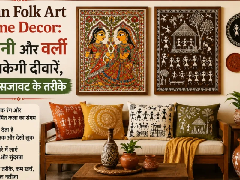 Modern living room wall decorated with traditional Indian Madhubani and Warli art paintings.