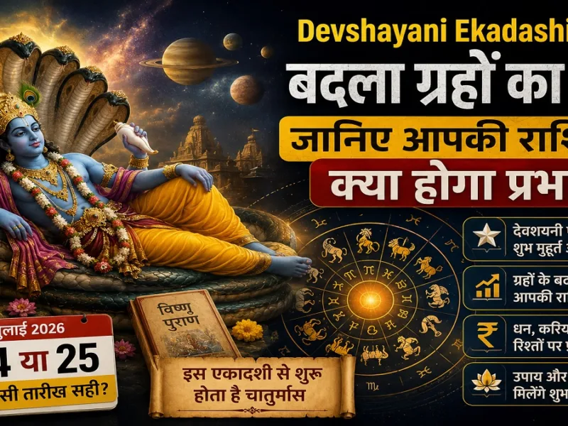 Lord Vishnu idol surrounded by yellow flowers and lamps on Devshayani Ekadashi 2026.