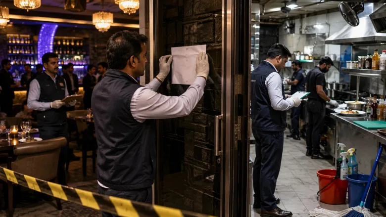 Food safety officers inspecting a commercial restaurant kitchen in Mumbai