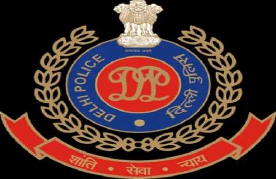 Delhi Police cyber cell office building with digital security symbols in background