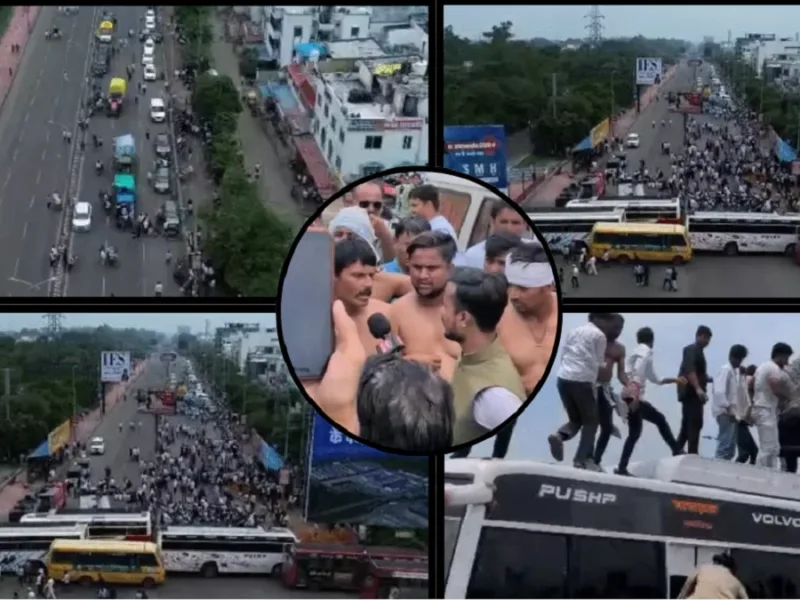 Farmers gathered on a road in India celebrating or ending a protest with banners