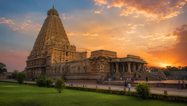 Majestic view of the historic Brihadeeswarar Temple tower against a clear blue sky.