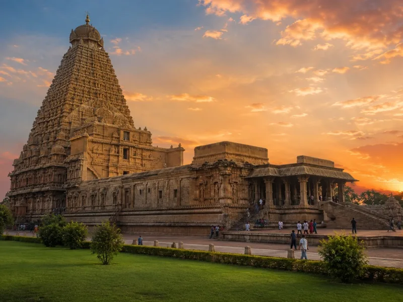 Majestic view of the historic Brihadeeswarar Temple tower against a clear blue sky.