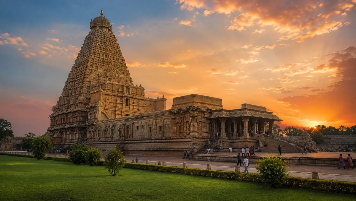 Majestic view of the historic Brihadeeswarar Temple tower against a clear blue sky.
