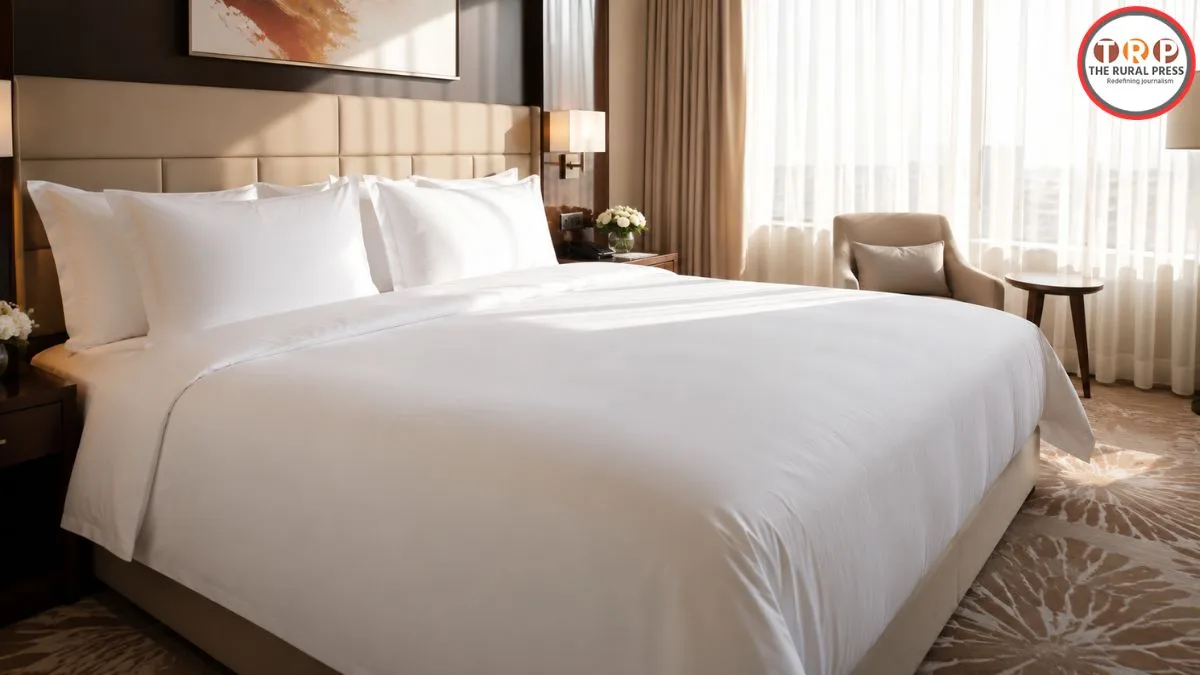 Clean white bedsheet neatly spread over a king size bed in a bright hotel room.