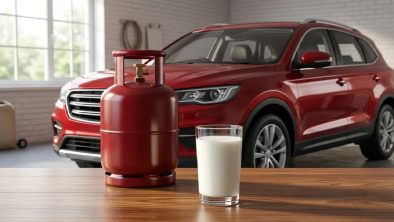 Conceptual image of LPG cylinder, a car model, and a milk jug representing September 1 rule changes in India.