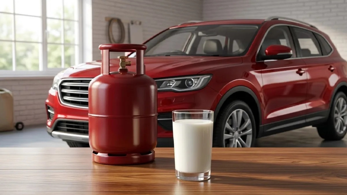 Conceptual image of LPG cylinder, a car model, and a milk jug representing September 1 rule changes in India.