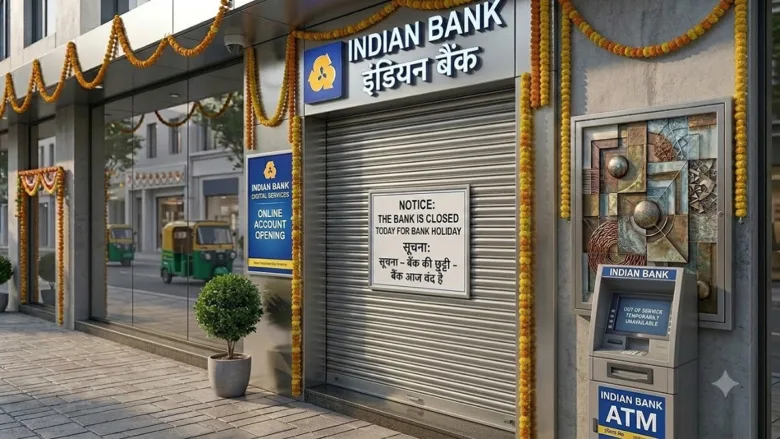 अगस्त 2026 में बैंक की छुट्टियों को दर्शाता बैंक शाखा का दृश्य