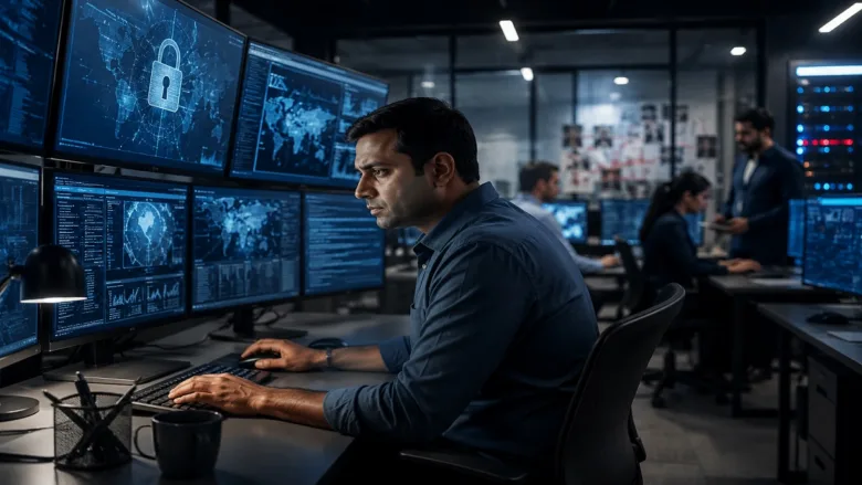 Cyber crime police station building and digital security setup in an Indian city.