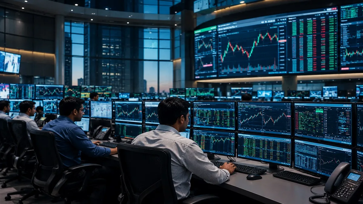 Stock market trading screens showing digital charts and numbers during a mock trading session.