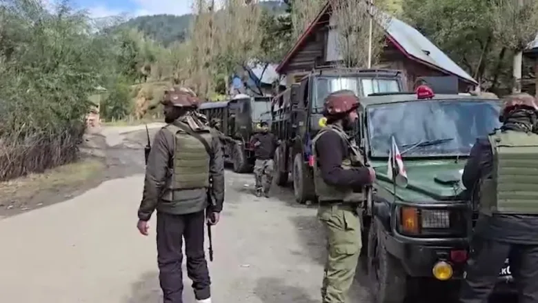 Security forces patrolling a blocked area after a terror attack in Kulgam.
