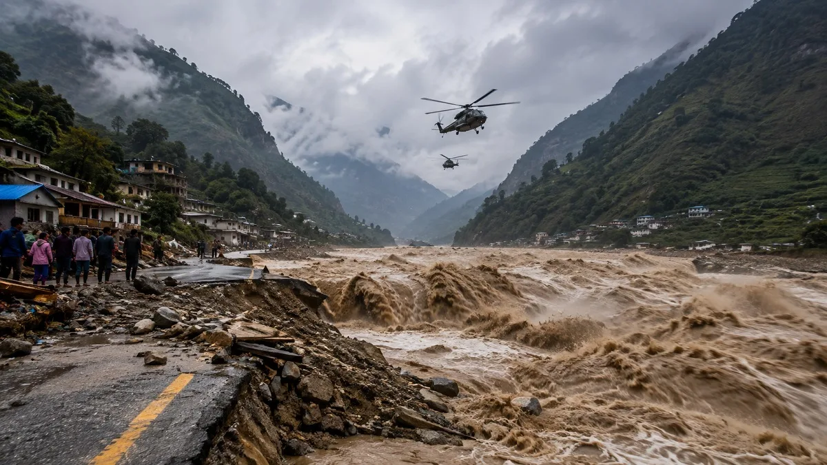 नेपाल के रसुवा जिले में भोटेकोशी नदी की बाढ़ और रेस्क्यू ऑपरेशन का प्रतीकात्मक चित्रण