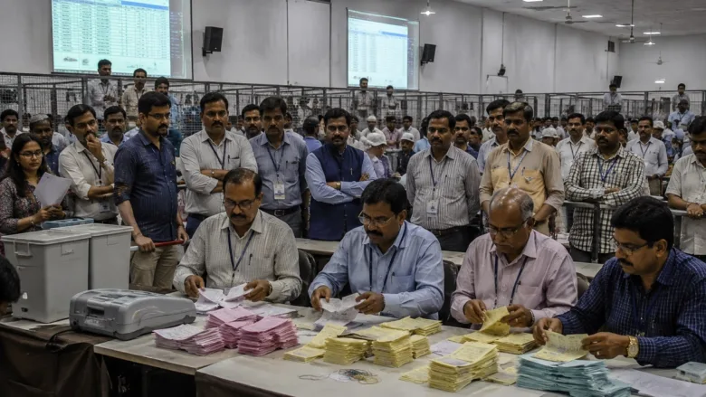 Election staff counting votes at the Datia counting center.
