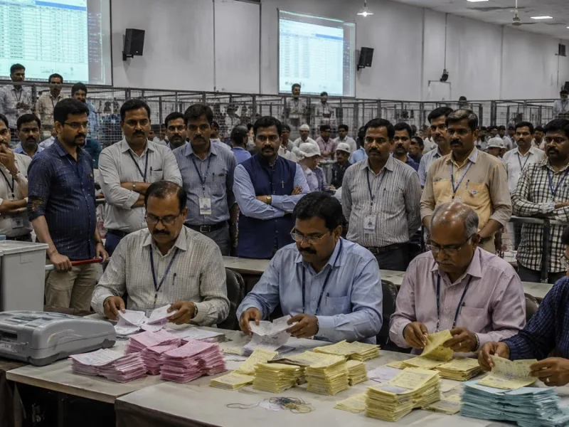 Election staff counting votes at the Datia counting center.