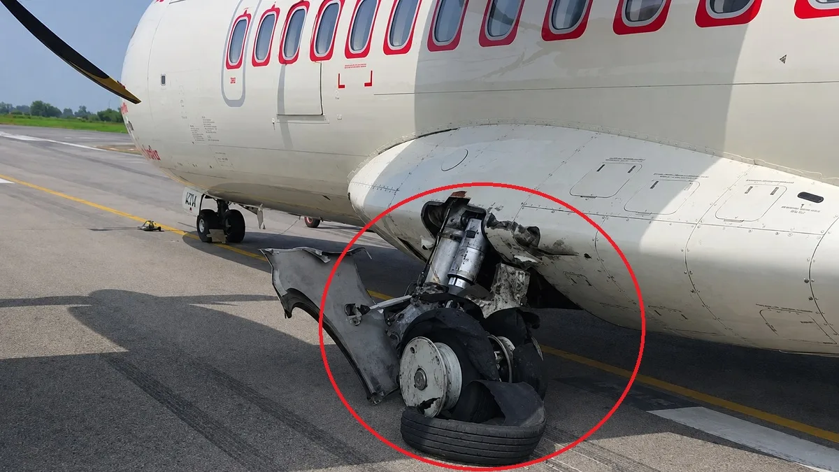 Alliance Air flight comes to a halt on Bilaspur Airport runway after a tyre burst.