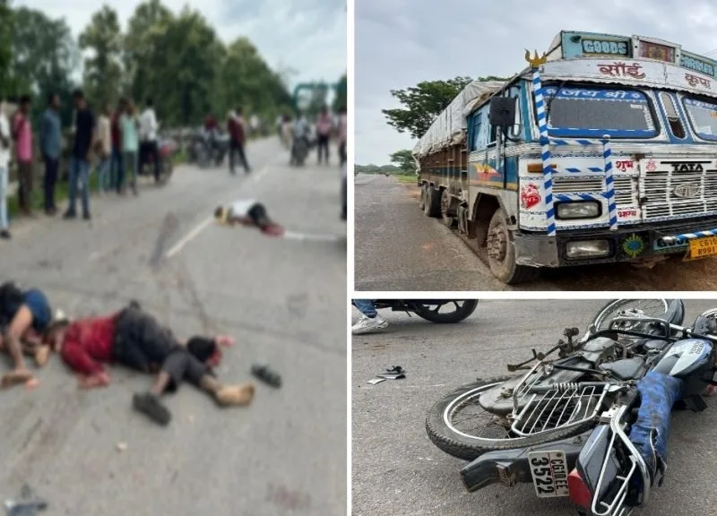 Damaged motorcycle after truck collision in Junapara Bilaspur