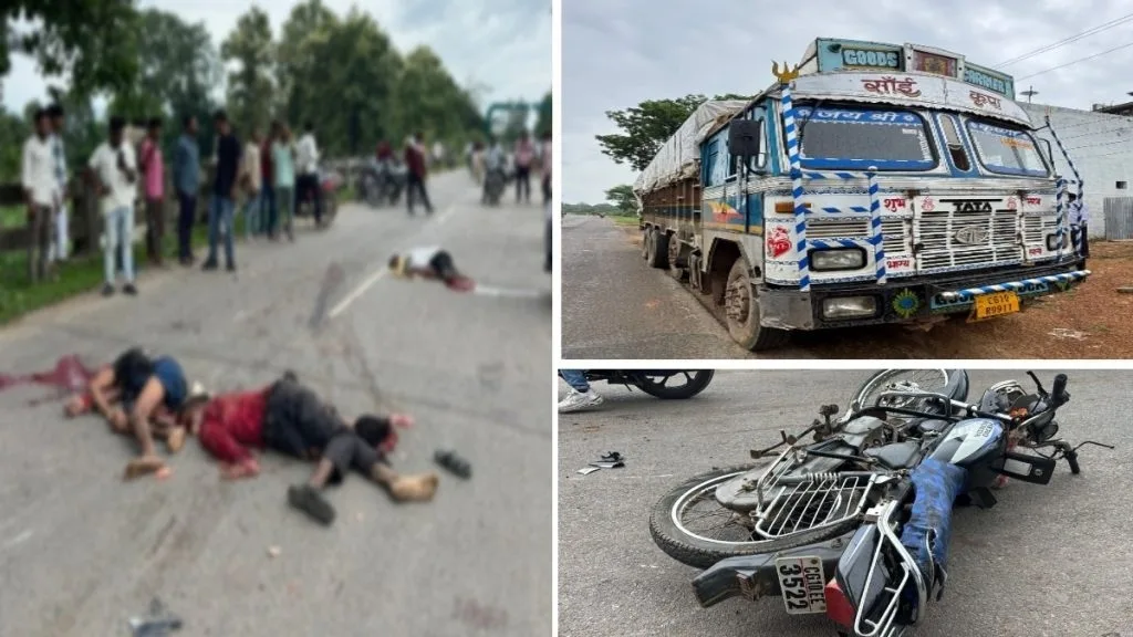 Damaged motorcycle after truck collision in Junapara Bilaspur