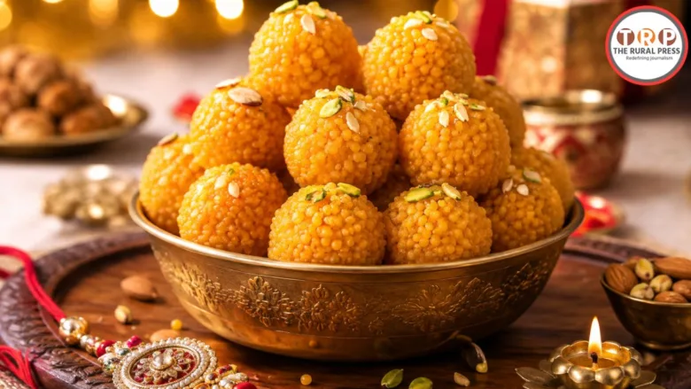 Homemade sweet bundi laddoo garnished with dry fruits for Rakshabandhan festival celebration